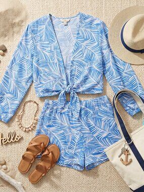 Shade & Shore Women's Blue & White Tropical Linen Blend Set
